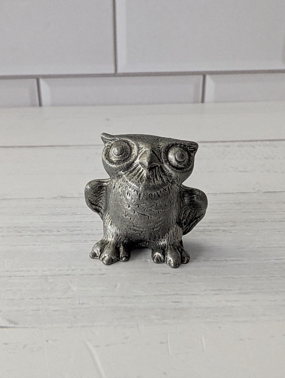 Vintage Mini Pewter Owl Figurine Heavy Metal Bird Statuette Miniature